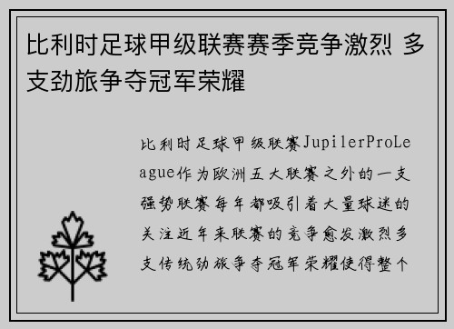 比利时足球甲级联赛赛季竞争激烈 多支劲旅争夺冠军荣耀
