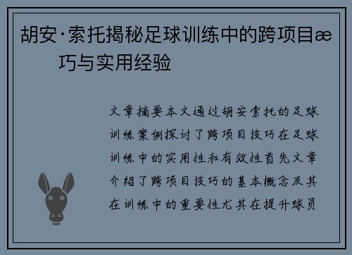 胡安·索托揭秘足球训练中的跨项目技巧与实用经验